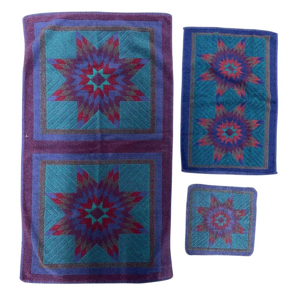 Vintage Fieldcrest Mills 3 Pc Towel Set Southwestern Star Teal Purple Cotton GW1